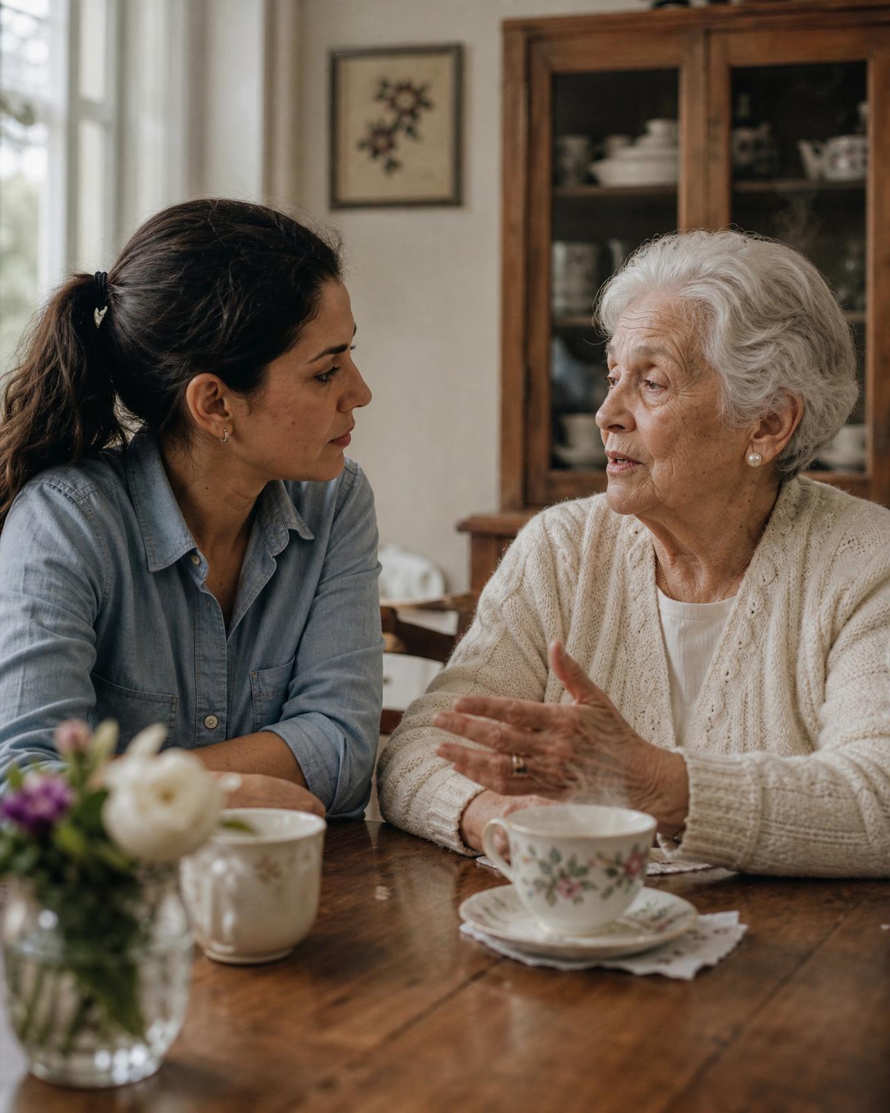 A caregiver and elderly resident talking over tea