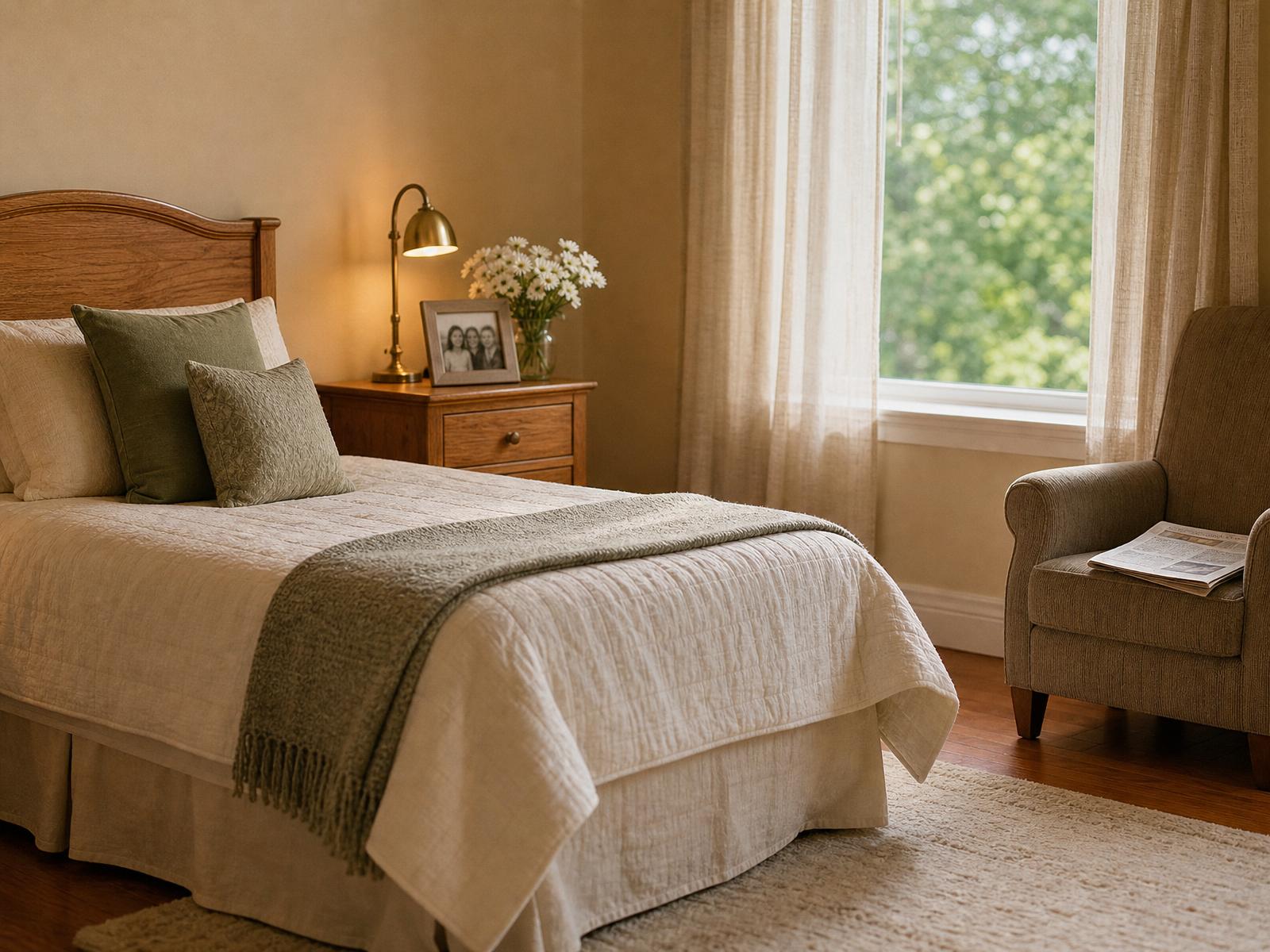 A warm, softly lit resident bedroom with quilted linens and a reading chair