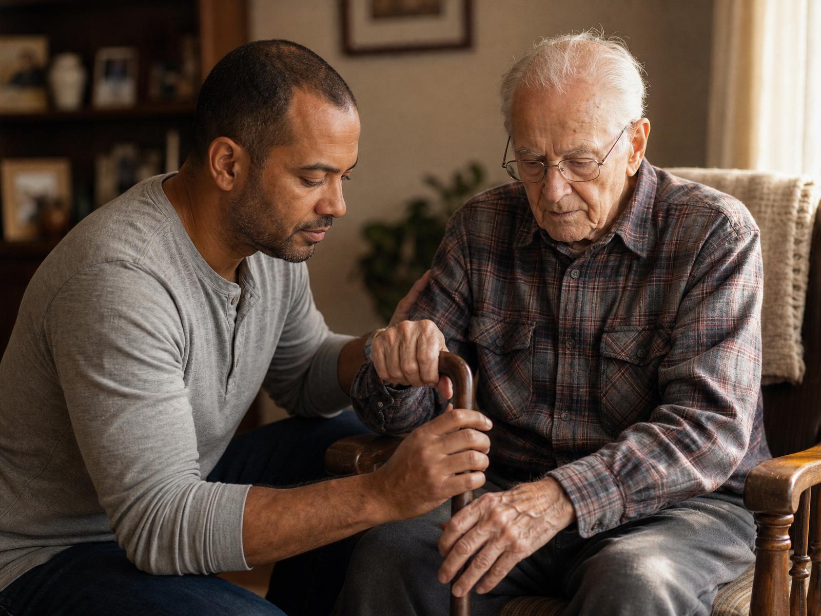 A caregiver gently steadying an elderly resident's cane