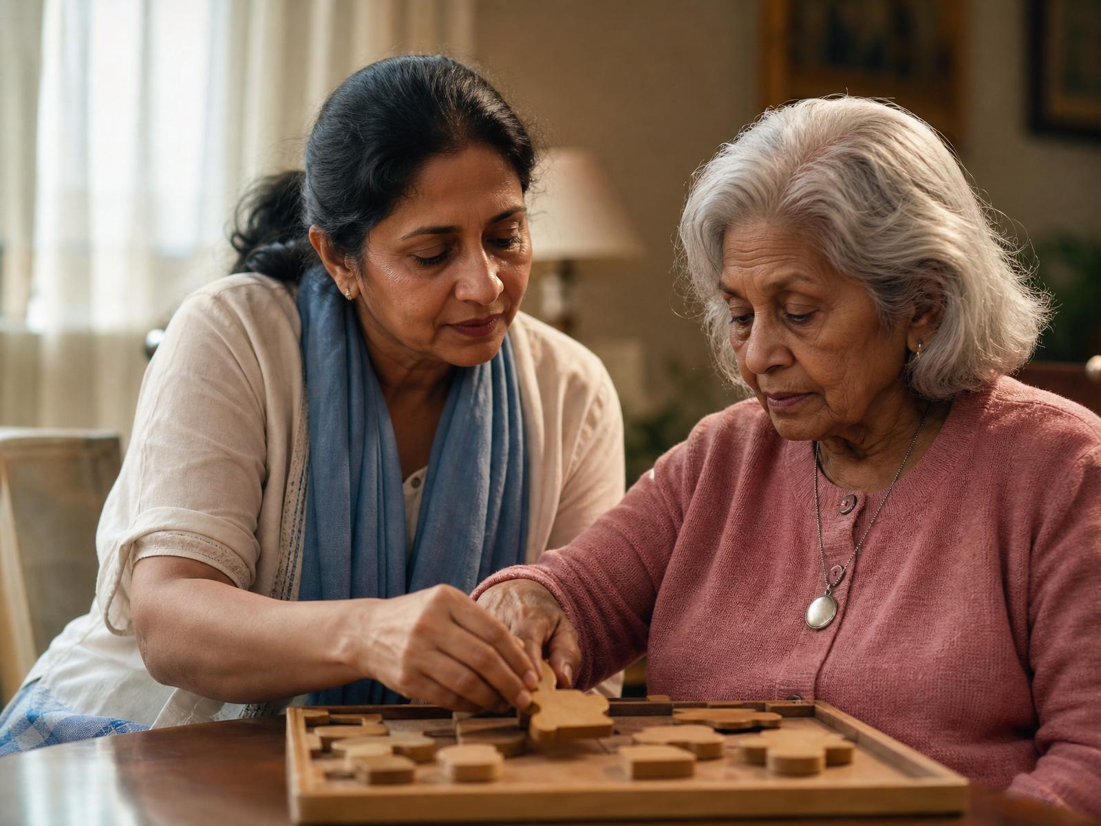 A caregiver gently guiding an elderly woman's hand on a wooden memory-care puzzle